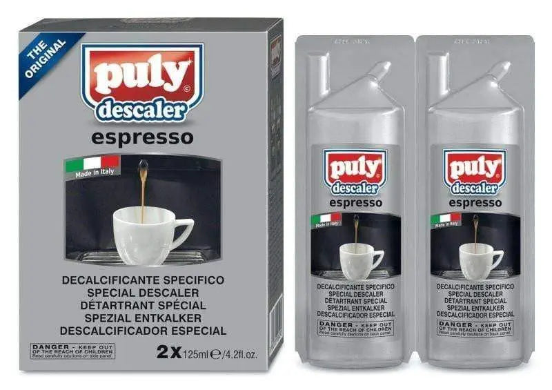 scatola con 2 flaconi da 120ml di  puly descaler espresso decalcificante per macchine da caffè ENNEBISERVICE